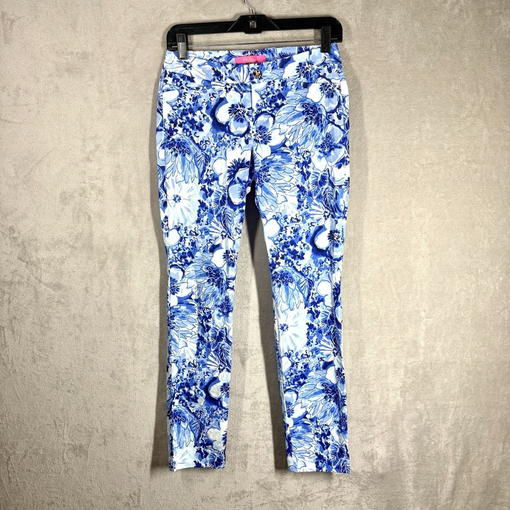 Lilly Pulitzer Kelly Skinny Ankle Pants Size 0 Blue Coastal Resortwear Tropical